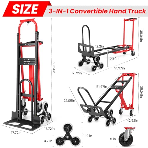 Image of Heavy Duty Stair Climbing Hand Truck - 1000 LBS Capacity 4-in-1 Convertible Dolly Cart, Foldable Platform Utility Cart for Moving Boxes, Industrial Grade Steel Construction(red)