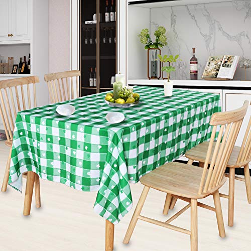 SARAFLORA St Patrick\'s Day Checkered Fabric Rectangle Table Cloth, Polyester Shamrock Pattern Tablecloth, Table Cover Protector for Party, Banquet, Dinner Decoration Use, 60 x 120 Inch, Green & White