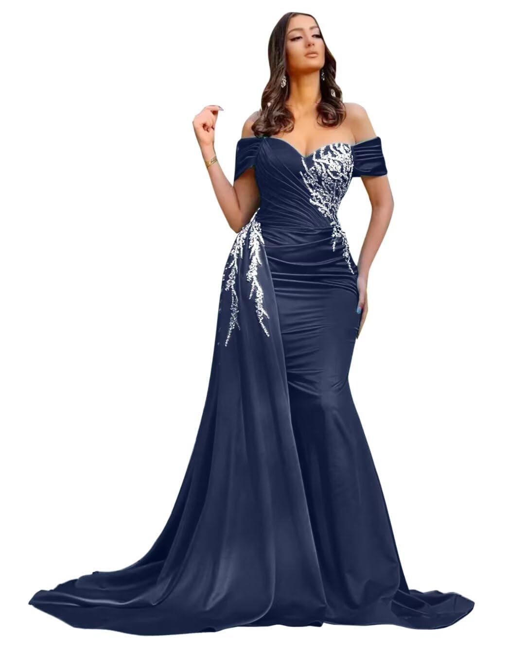 Off The Shoulder Satin Mother of The Brides Dresses for Wedding Mermaid Navy Blue Prom Dresses Long Slit Formal Dress 22w