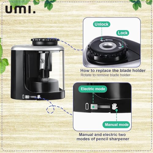 Image of Amazon Brand - Umi Electric Pencil Sharpener, Portable Battery-Powered Sharpener with Transparent Shavings Box, Fits 6-8mm Pencils, Dual Automatic & Manual Modes for School, Office, Home Use (Black)