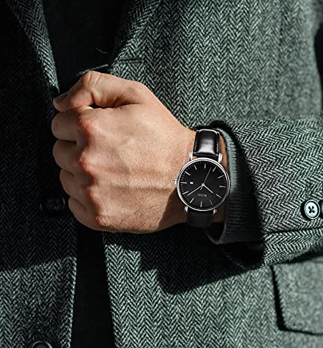 Image of BUREI Men's Fashion Minimalist Wrist Watch Analog Date with Leather Strap
