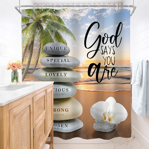 AMBZEK Beach Zen Stone Bible Verse Shower Curtain 60Wx72L Inch Ocean Sea Tropical Palm Tree Scripture Spa Lotus Quotes Artwork Cloth Fabric Waterproof Polyester Bathroom Decor Set with 12 Pack Hooks - Image 4