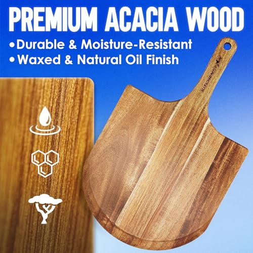 Image of KitchenStar 14-Inch Acacia Wood Pizza Peel - Large Wooden Cutting & Serving Board with Handle - Natural Oil Finish - Ideal Pizza Oven Accessory for Easy Sliding & Prep