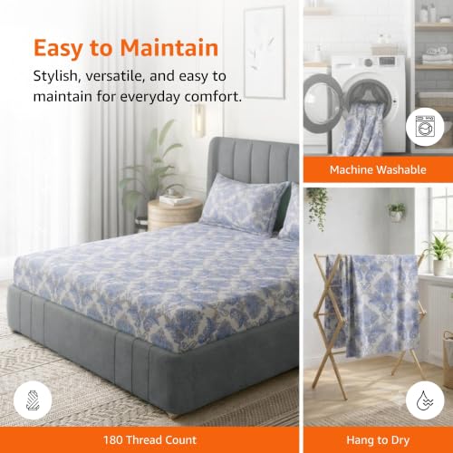 Image of Amazon Basics - 100% Cotton Flat Bedsheet | 180TC |King Bed Sheet with 2 Pillow Cover|Soft Cotton | Floral Print | 90 Inch x 108 Inch, Light Grey