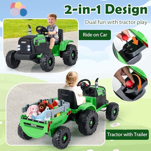 Image of Costzon 24V Ride on Tractor with Detachable Trailer, Kids' Electric Vehicles with 3 Speeds, 15 Climbing, Wireless Design, Horn & Music, Remote Control Tractor Toy for Kids 3+,Gift (24V, Green)