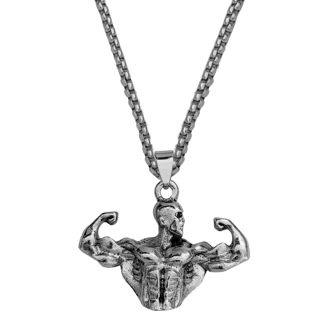 Muscle Man Pendant Necklace Fitness Bodybuilding Gym Weight Necklace Figure Men Fitness Jewelry Silver Stainless Steel Pendant Necklace Chain for Men and Women-image-17