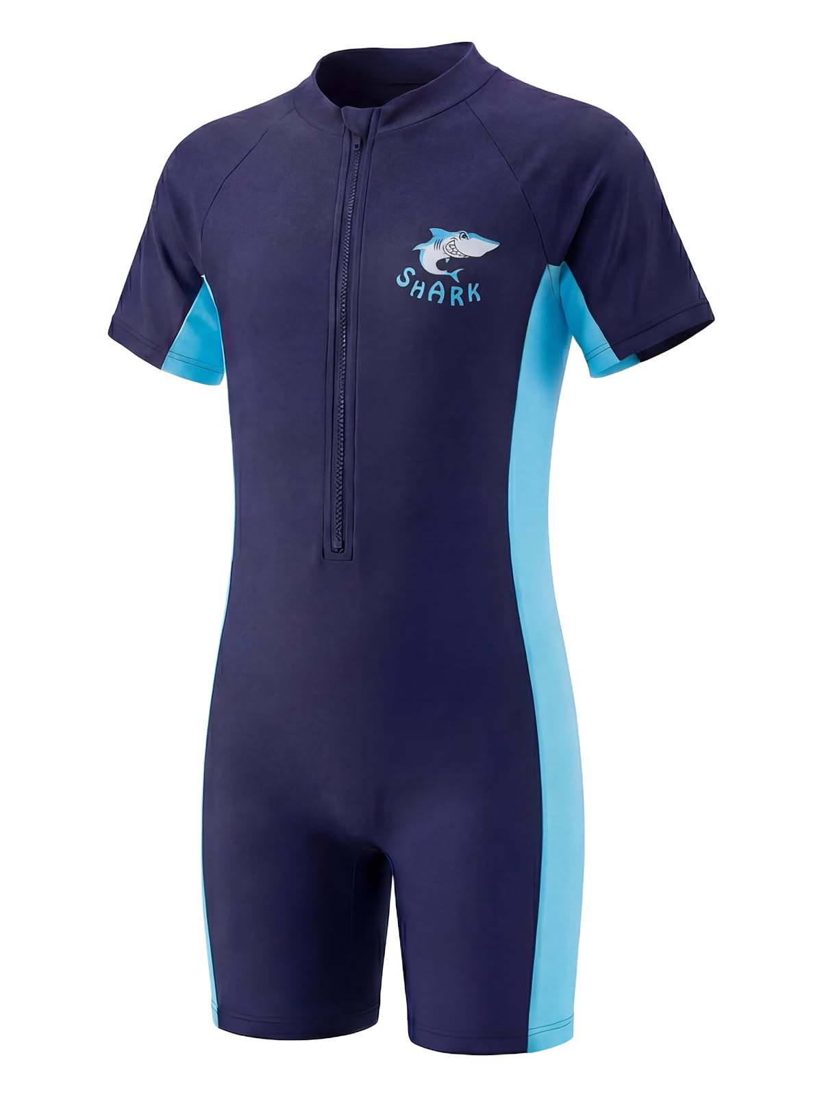 Boys Swimming Costume All-in-one, Colour Block One Piece Swimsuit for Boys Short Sleeve Sun Protection Front Zip Swimming Wear for Kids 3-12 Years