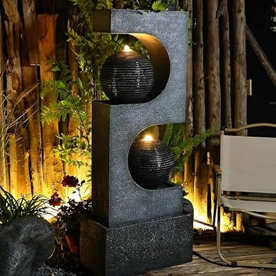 SERBILHOME Water Fountain Outdoor Garden 46.05'' Tall Fountains with Lights, Sphere Waterfall Feature for Patio Yard Pool Outside Decor,Grey