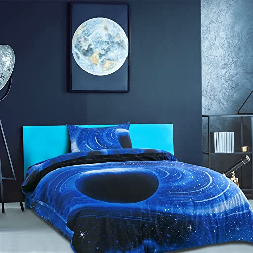 Uxcell Twin 3-Piece Galaxies Navy Blue Duvet Cover Sets - 3D Printed Space Themed - All-Season Reversible Design - Includes 1 Duvet Cover, 1 Flat Sheet, 1 Pillow Shams(No Insert) #TOP2