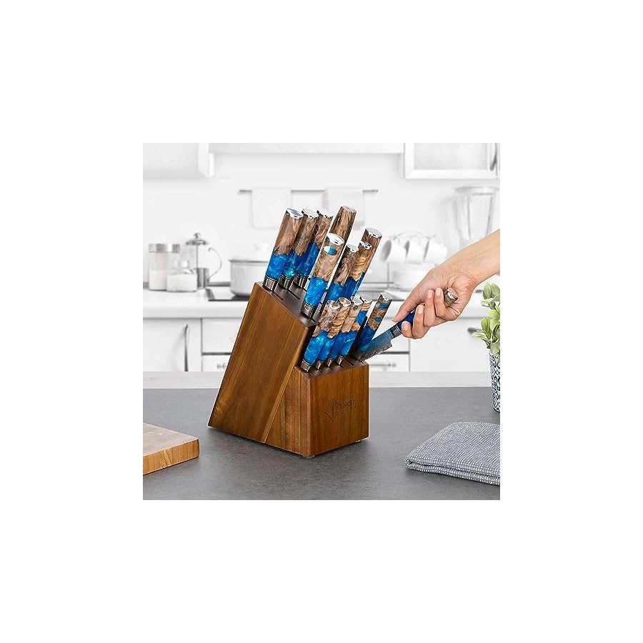 SENKEN-15-Piece-Damascus-Knife-Block-Set-Tsunami-Collection-Japanese-Chef-Knife-Set-67-Layer-Japanese-VG10-Steel-Blades-Includes-Chef-Knife-Cleaver-Bread-Knife-6-Matching-Steak-Knives-More SENKEN 15-Piece Damascus Knife Block Set - "Tsunami" Collection Japanese Chef Knife Set - 67-Layer Japanese VG10 Steel Blades, Includes Chef Knife, Cleaver, Bread Knife, 6 Matching Steak Knives & More
