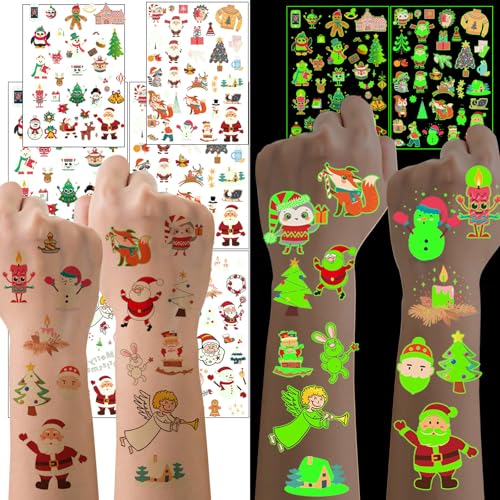 Christmas Party Favors for Kids - 128PCS Luminous Christmas Tattoos Glow in the Dark Goodie Bag Stocking Stuffers Xmas Temporary Tattoos Party Supplies Decorations for Kids | 4 Sheets (6 x 8.2 inch)
