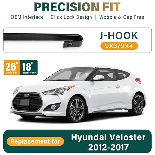 Image of Windshield Wiper Blades Replacement for Hyundai Veloster 2012-2016 2017 | Original Equipment Replacement Front Rear Wipers Blade Set - 26 inch+18 inch+8 inch (Set of 3) U /J Hook