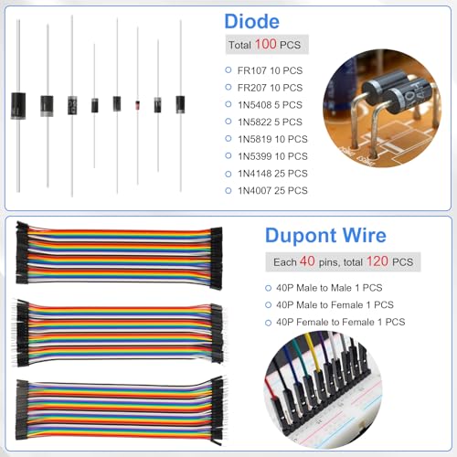 Electronic Component Kit, 1628 Pcs DIY Electronics Kit with LED Diodes, Diodes, Metal Film Resistors, Electrolytic Capacitor, Transistors, Ceramic Capacitors, Dupont Wire, PCB Board, Breadboard - Image 6