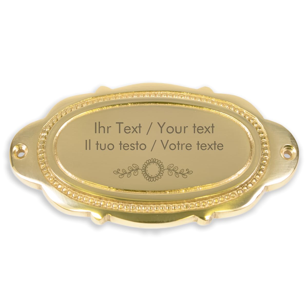 Targhetta per porta in ottone con incisione personalizzata, 117 x 62 mm, ovale con decorazioni – Targhetta in ottone, targhetta per porta, targhetta con nome con testo personale