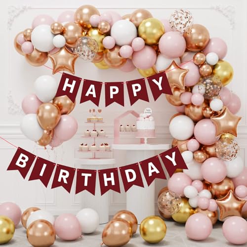 Image of Hooqict Burgundy Happy Birthday Banner Sign for Backdrop Burgundy Birthday Party Decorations for Kids Girls Women Party Banner Wall Porch Door Hanging Garland