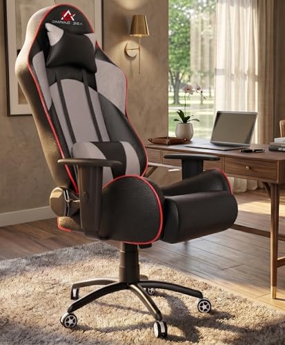 Image of ASE GAMING Gold Series Ergonomic Gaming Chair Premium PU Leather, Adjustable Neck & Lumbar Pillow, 180 Degree Recline with Black Metal Base with 3 Years Warranty (Grey)