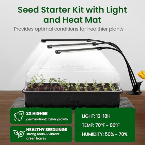 SOLIGT 60 Cell Seed Starter Kit with Grow Light and Heat Mat, Seed Starter Tray with Higher 4.3" Humidity Dome, Flexible Light Positionin...