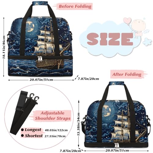 Fantasy Pirate Ship Foldable Duffle Bag with Shoes Compartment Large Capacity Waterproof Travel Weekender Bag Overnight Bag for Sports Gym2