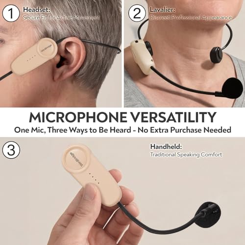 Image of WinBridge WB002 Bluetooth Voice Amplifier with Wireless Headset Mic, Beige | Portable Pa System for Teachers, Tour Guides & Seniors, 15W Clear Sound, One-Touch Mute, USB play, All Day Battery, Auto Pair