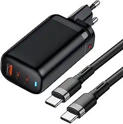 Carregador Turbo de 65W + Cabo, com Três Saídas USB-C e USB, Compatível com Apple iPhone/iWatch/AirPods, iPhone 15 14,13,12,11/XS/XR/XS/X/8 (Plus), iWatch 7/6/SE/5/4/3/2, AirPods 3/2/pro (Preto)