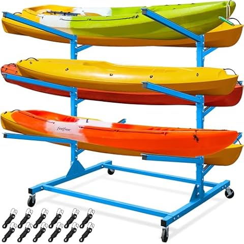 Megaflint Freestanding Kayak Storage Rack 2-Sided -3 Levels for 6 Kayaks, Adjustable Kayak and SUP Stand, Weatherproof and Heavy Duty, Surfboard Stand Rack, Hold up Kayaks, SUPs, Paddleboards, Canoes Cover