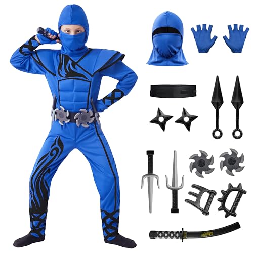 Spooktacular Creations Kids Halloween Ninja Costume, Blue Black Ninja Kung-Fu Outfit for Boys, Teen Halloween Costumes for DressUp and Themed Party (Small, 5-7 yrs)