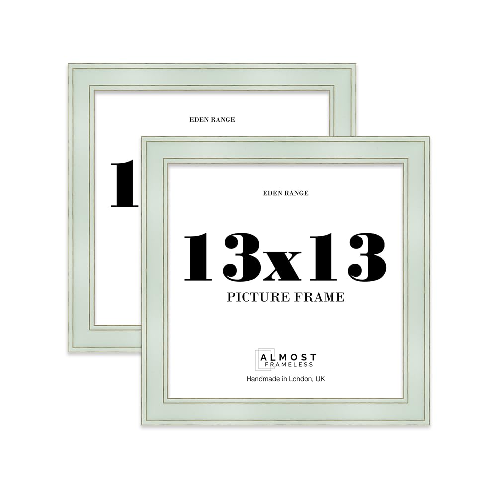 13x13 Sage Green Picture Frame - Shabby Chic Photo Frame with Distressed Finish, Gold Trim, Wall Hooks, 37mm Edge - 2 Pack