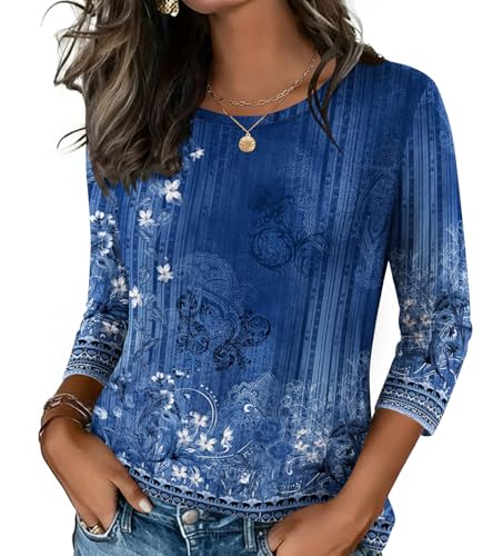 Zeagoo Blue Leaves Print Crew Neck T-Shirt Casual Three-quarter Sleeve T-Shirt For Summer Fall Women's Clothing