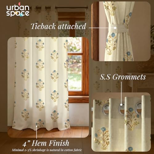 Image of Urban Space 100% Cotton Curtains with Gold Foil Print | Upto 60% Light Blocking Window Curtain 5 feet I Set of 2 Decorative Curtains with Eyelets and Tieback Included (Zari Mohar Blue Gold - 5 feet)
