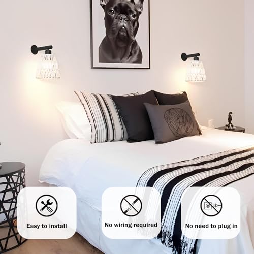 Image of Boho Battery Operated Wall Sconce Set of 2, White Rattan Rechargeable Wall Lights with Dimmable Bulbs and Remote,15 Colors Wireless Wall Lamps for Bedroom Living Room Hallway Decor
