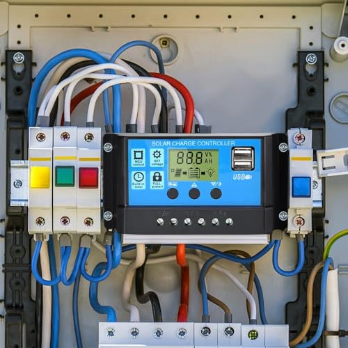 Anern 30A جهاز التحكم في الشحن بالطاقة الشمسية 12V/24V جهاز التحكم في الشحن للألواح الشمسية والبطاريات جهاز تحكم ذكي مزود بمنفذين USB 5V وشاشة LCD
