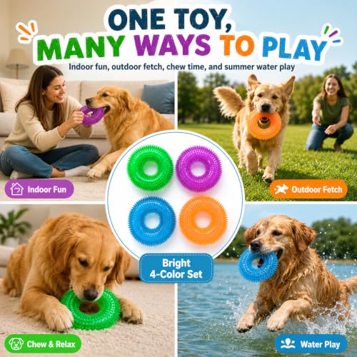 Image of Dog Chew Toys for Aggressive Chewers, Squeaky Floating Donut Rings, 4 Pack