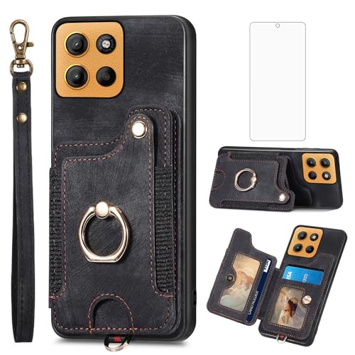 Asuwish Phone Case for Motorola Moto G15 4G Lte/G15 Power Wallet Cover with Screen Protector and Wrist Strap Lanyard RFID Credit Card Holder Ring Stand MotoG15 G 15 15Power XT2521-2 Women Men Black
