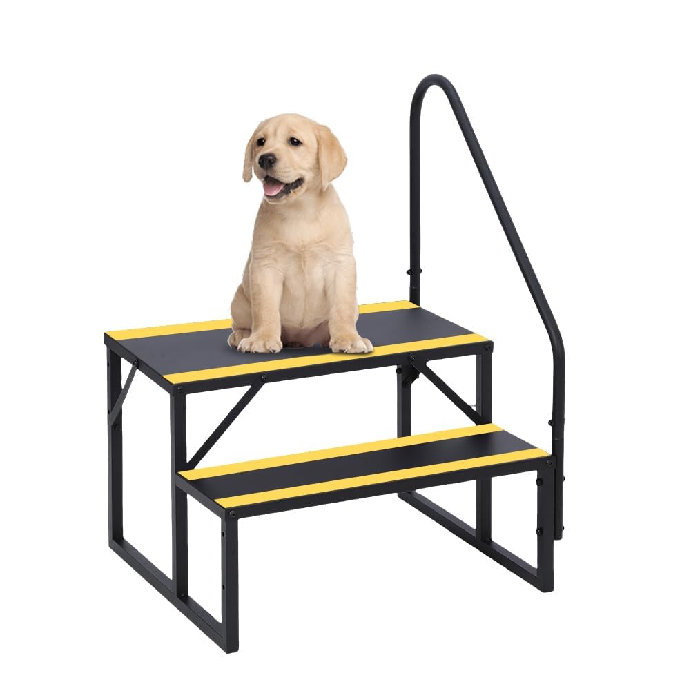 Escalier extérieurérieur Robuste pour Camping-Car – 2 marches antidérapantes avec Main Courante surélevée – Acier Pliant Portable, idéal Caravane, Spa, Piscine – Sécurité renforcée, Noir et