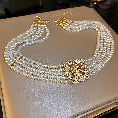 Octwine 1920s Dainty Boho Rhinestones Pearls Short Choker Necklace Chain Multilayer Choker Necklaces2