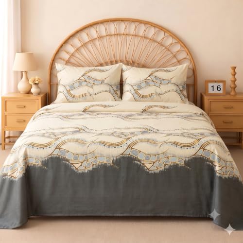 Image of IVAZA 240 TC Soft Ezyption Cotton Floral Print King Size Bedsheet - with 2 Pillow Covers, Hypoallergenic, Brethable, (Size- 90 x 90 Inch) Beige Black