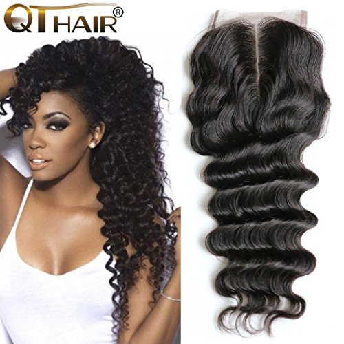 QTHAIR 10A Peruvian Loose Deep Curly 4x4 Lace Closure(20inch,Middle Part) Top Quality Swiss Lace Peruvian Virgin Hair Deep Wave Lace Closure