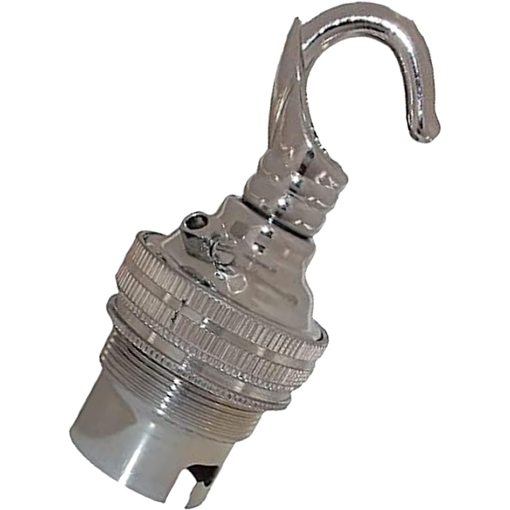 1 Pack Traditional Earthed Solid Brass Lampholder with Shade Retaining Ring and Metal Deco Styled Hook | Silver Nickel Finish - lacquered | B22|B22D | Bayonet Cap โ image 1