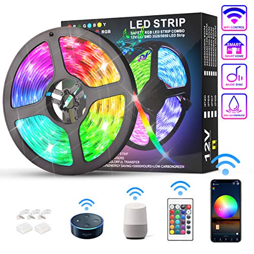 KATUR LED Strip Lights 16.4ft, Works with Alexa Google Assistant IP65 Waterproof 150 LEDs 5050 RGB, 16 Million Colors, Smart WiFi APP and 24 Keys Controller Control, Music Timed Dimmable Strip Lights