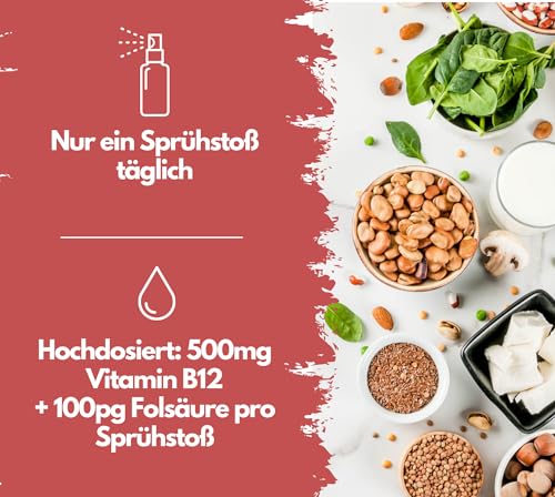 Vitamin B12 Spray, 500µg Vitamin B12 + 100µg Folsäure pro Sprühstoß, bioaktive Quatrefolic® Folsäure, laborgeprüft und hergestellt in DE, 100% vegan & für die vegane Lebensweise