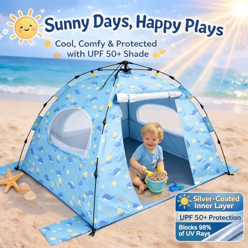 Image of Baby Beach Tent Pop Up Sun Shelter with UPF 50+ UV Protection, Silver-Coated Interior, Breathable Mesh Ventilation, Easy Setup, Wind-Stable Beach Shade for Infants & Toddlers