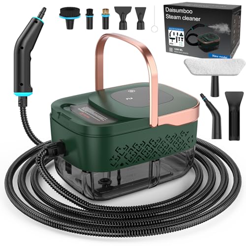 Image of Steam Cleaner, 2500W Home Handheld Grout Steam Cleaning Machine with 1.32QT Transparent Tank & 10 Attachments for Range Hood, Stove, Tile, Upholstery, Car Detailing & More (Green /Gold)