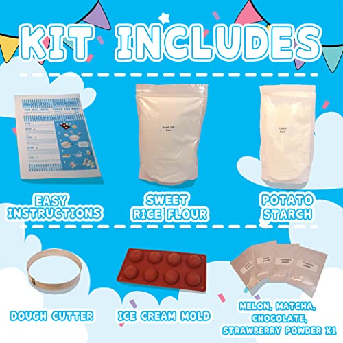 Mochi Ice Cream Kit DIY food kit Mochi maker (Makes 4 flavors: Chocolate, Matcha, Strawberry, Melon) Includes Japanese Mochi flour & tools. Gifts for foodies daifuku Japanese desert snack foods. Makes 32 Mochis - Thumbnail 2