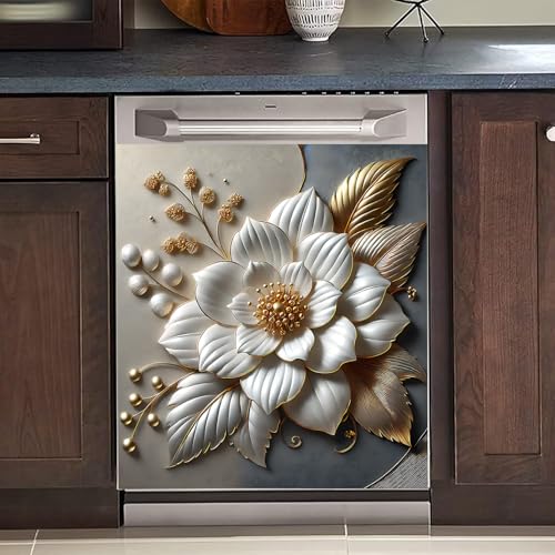 Image of BVBOX Dishwasher Magnet Cover 23 inchx26 inch, Reusable Magnetic Refrigerator Covers, Dishwasher Magnets Decorative Cover Fridge Door Skin Panel Stickers for Home Kitchen Appliance,Metal Embossed Flowers