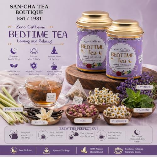 Image of Sancha Tea Boutique, Bedtime Tea, Caffeine Free Herbal Tisane, 25 Pyramid Bags, For Stress Relief & Good Sleep, Blend Of Real Vanilla, Lavender, Rose & Chamomile Flowers (Pack of 2)