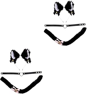 فوميز. طوق زينة بتصميم اذني قطة لتزيين الهالوين، شريط راس من الدانتيل، اكسسوارات زي تنكري لذيل القط والجرس والقلادة والفساتين التنكرية للنساء