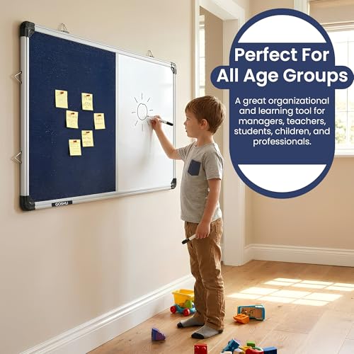 Image of GOSHU Combination White Board 2 feet x3 feet & Blue Pin-Up Notice Board | Non-Magnetic Dual Board for Home, Office & School (2x3 feet, Pack of 1 Item)