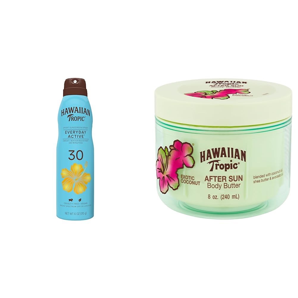Hawaiian Tropic Everyday Active Clear Spray Sunscreen SPF 30 6oz After Sun Body Butter with Coconut Oil 8oz