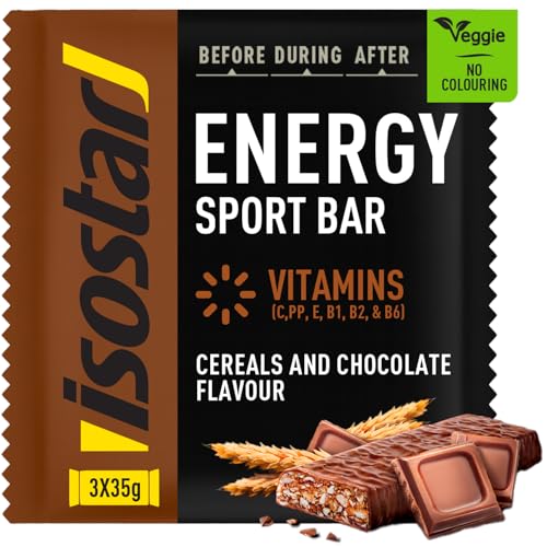 ISOSTAR – Barre Energy Sport Céréales & Chocolat – Barres Énergétiques Sport avec Glucides, Source de Vitamines B1, B2, B6, C, E & PP, Snack Running, Vélo & Trail – 3 x 35 g