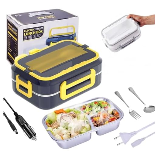 Marmita Elétrica Portátil Veicular de Aço Inoxidável Para Carro Uber Casa Lancheira Térmica 12V 110V-220V C/ 3 Divisórias Inox (Azul C/Amarelo) da Marca Midas®